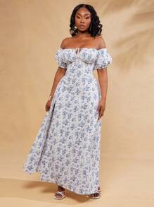 SHEIN SXY Đầm Maxi Maxi xẻ tà họa tiết hoa thanh lịch gợi cảm cổ vuông tay bồng và trễ vai hai cách mặc mùa xuân và mùa hè cỡ lớn cho nữ thích hợp mặc hàng ngày - Nhiều màu - Xem 6