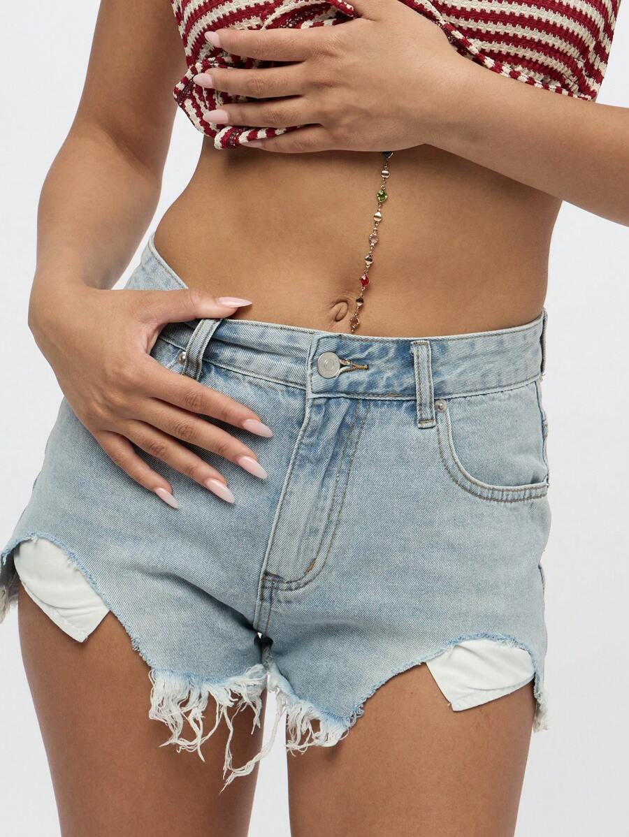 SUMWON WOMEN Pantalones cortos de mezclilla de tiro alto con dobladillo deshilachado y desgastado, estilo vintage relajado para playa y festivales de verano - Celeste - Ver 1