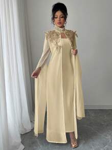 Selianne 2 Potong Set Gaun Maxi Elegan dan Anggun, Cocok untuk Pakaian Musim Panas dan Gugur untuk Wanita - Aprikot - View 3