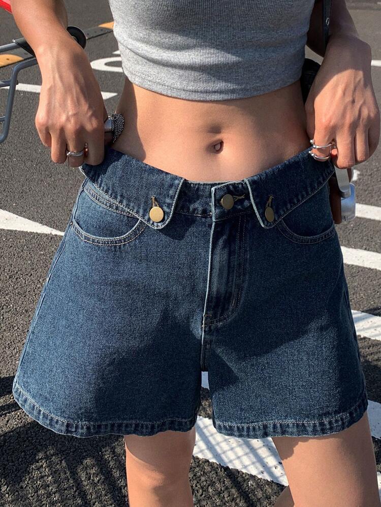 Women's Summer Fold-Over Waist Decorative Hem Denim Shorts Jorts
