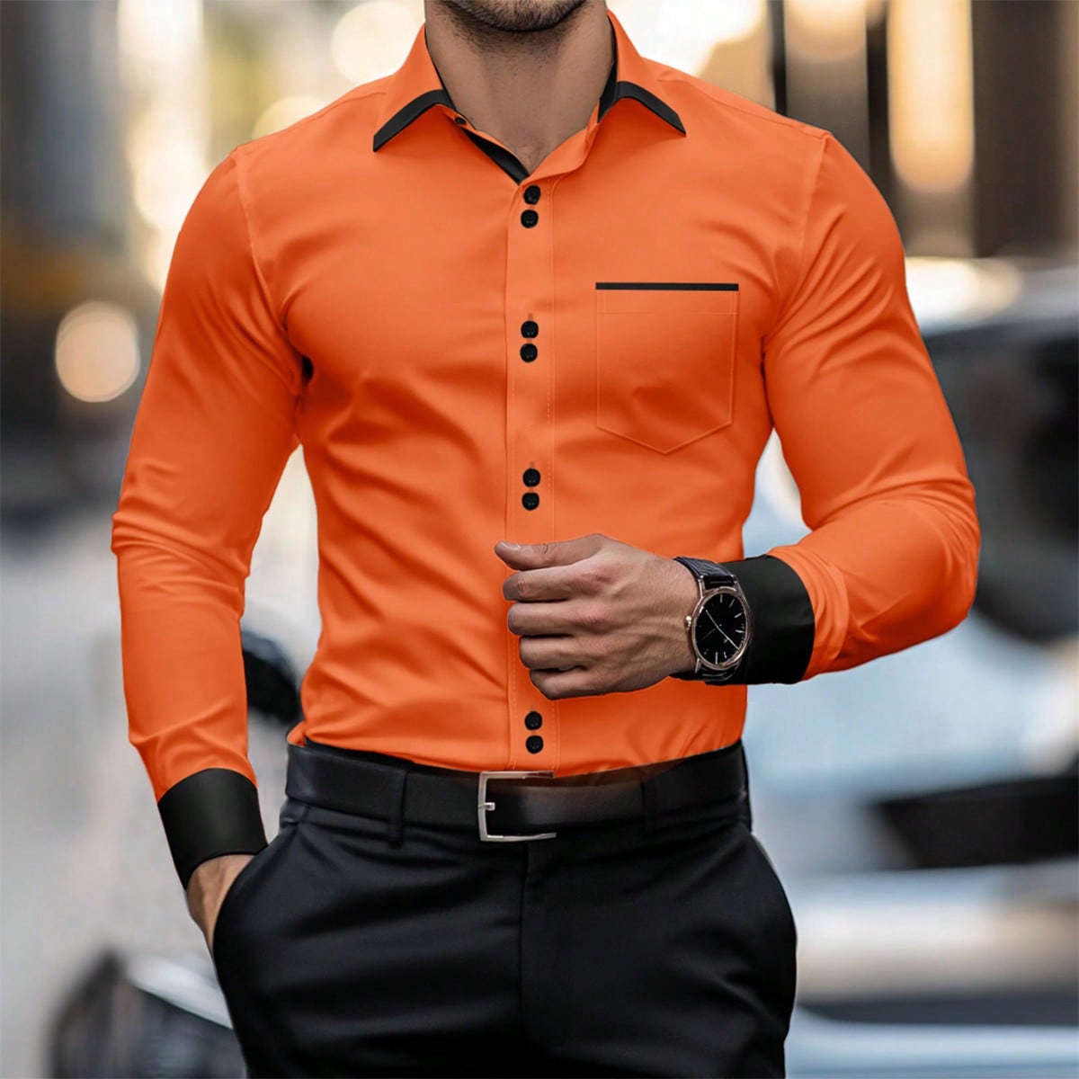 Camisa casual formal de manga larga con bolsillo y botones con ribete de contraste para hombre, para otoño, ceremonia