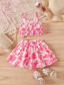 SHEIN Babygirl Lemon Print Suspender Top And Mini Skirt 2-Piece Suit, Cute Summer Holiday - Pink - View 2