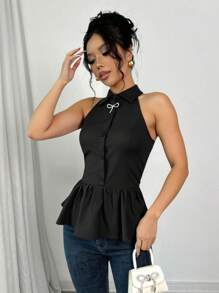 SHEIN Clasi Women's Casual Holiday Butterfly Decor Half-Placket Ruffled Hem Peplum Top - Black - View 5