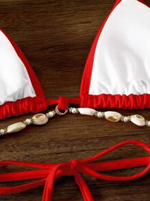 Swim Basics Women's Solid Color Chain Decor Halter Bikini Top - Red - View 5