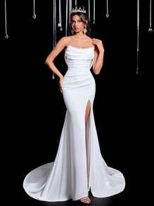 Glamrae 优雅的白色缎面露肩简约分线美人鱼剪裁奢华多层薄纱超长舞会礼服，配有可调节后系带、长拖尾、晚礼服、婚纱、新娘 - 白色 - 查看 6