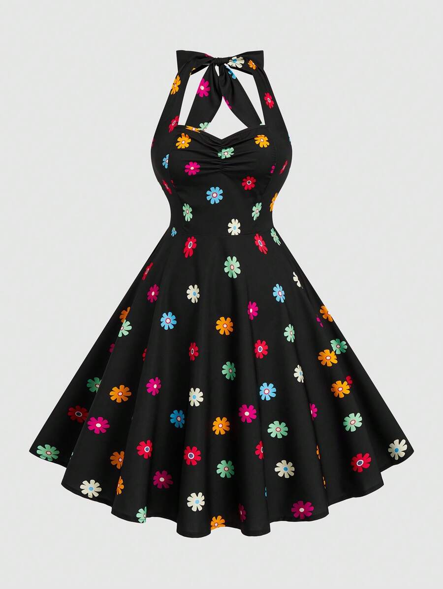 Sweetra Plus Size Summer Floral Print Ruched Bust Halter Waist A-Line Dress, Resort Wear - Multicolor - View 1