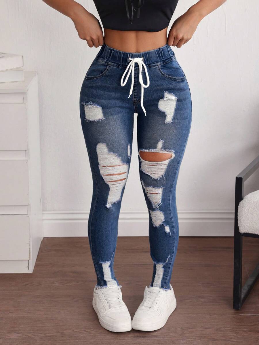 Breezaya Jeans casuales y versátiles para mujer con cintura ajustable con cordón, bolsillos y desgastados - Azul Marino - Ver 1