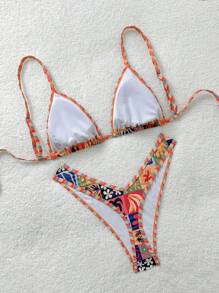 Soleia Apricot Knit Metal Buckle Floral Decor 2pcs Beachwear Bikini Set For Women