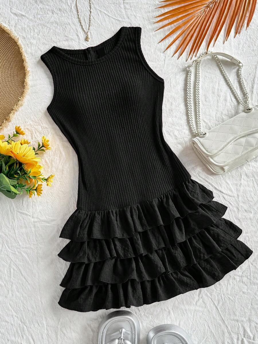 Soleia Women's Vacation Burgundy Round Neck Sleeveless Woven Patchwork Multi-Layer Ruffle Hem Jumpsuit Black Ruffle Dress Black Tiered Ruffle Dress Black Ruffle Mini Dress Casual Black Dress Black Sundress - Black - View 1