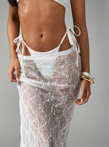 MISSGUIDED 蕾丝网眼沙滩罩衫超长裙侧系带夏季度假沙滩装透明泳池派对度假罩衫 - 奶油色 - 查看 3