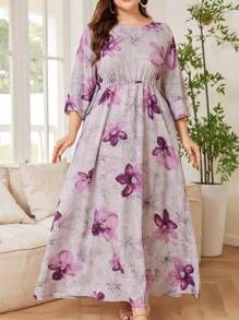 Lacomfia 休闲花卉印花圆领 3/4 袖抽绳腰部宽松长裙，大码女装，春夏