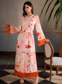ZEYLAH Women's Linen Floral Print Robe With Open Front, Tassel Belt, Resort & Vacation Wear, Spring/Summer - Orange - View 5