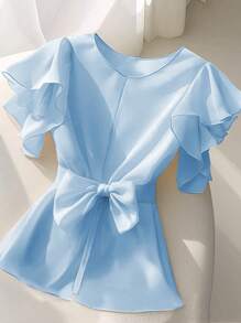 Franclia 女士优雅束腰蝴蝶结领盖袖衬衫 - 藍色 - 查看 1