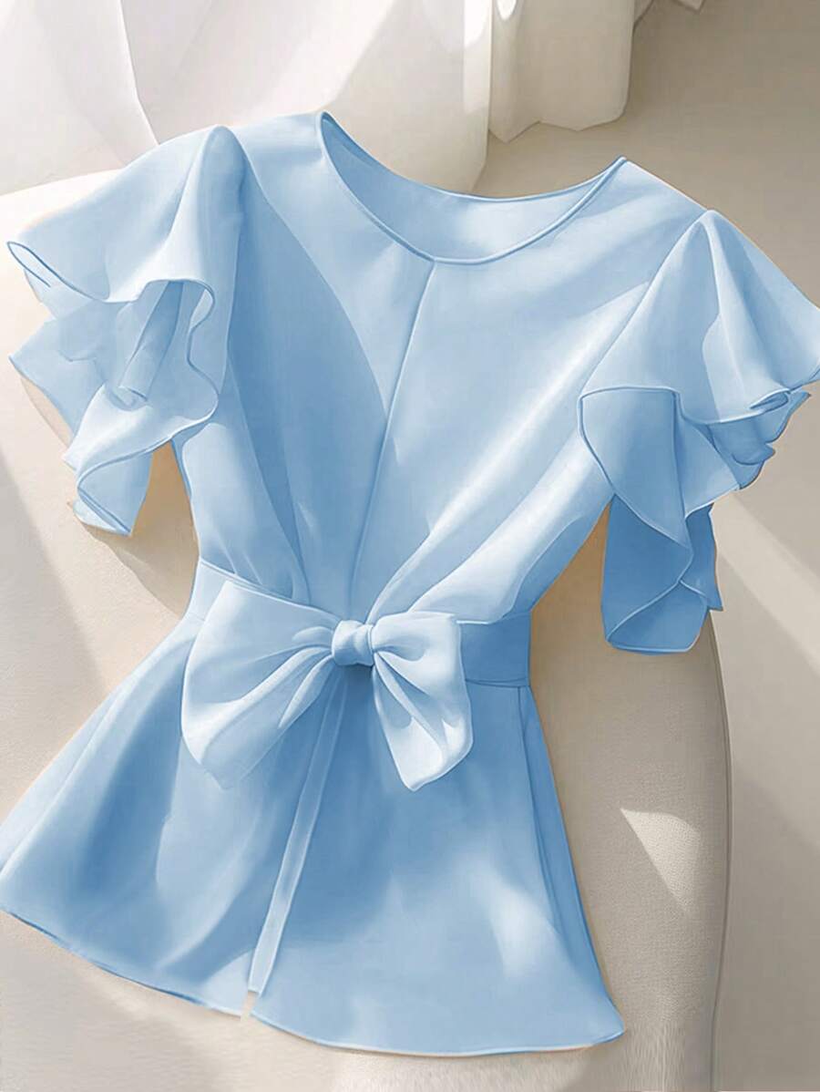 Franclia 女士优雅束腰蝴蝶结领盖袖衬衫 - 藍色 - 查看 1