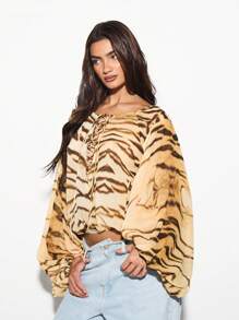 KIZN Designer Animal Print Lace Up Top Blouson Sleeve Ruched Spring Summer Festival Party Vacation Casual Club Chic Blouse - Multicolor - View 1