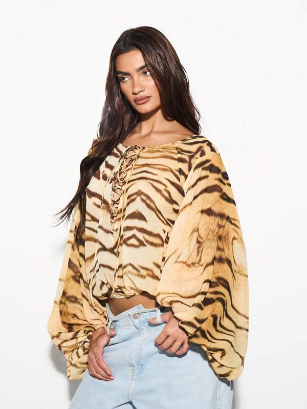 KIZN Designer Animal Print Lace Up Top Blouson Sleeve Ruched Spring Summer Festival Party Vacation Casual Club Chic Blouse
