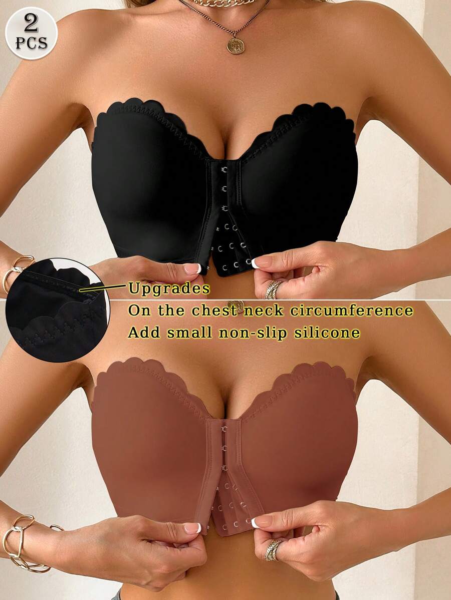 2pcs Multi-Color Women Underwear Strapless Bras, Front Closure Ruffled Push-Up Bras With Removable Pads - Multicolor - View 1