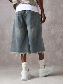 SUMWON 时尚阔腿牛仔百慕大短裤磨边毛边破洞夏季休闲街头风格宽松都市长款牛仔短裤 - 藍色 - 查看 5