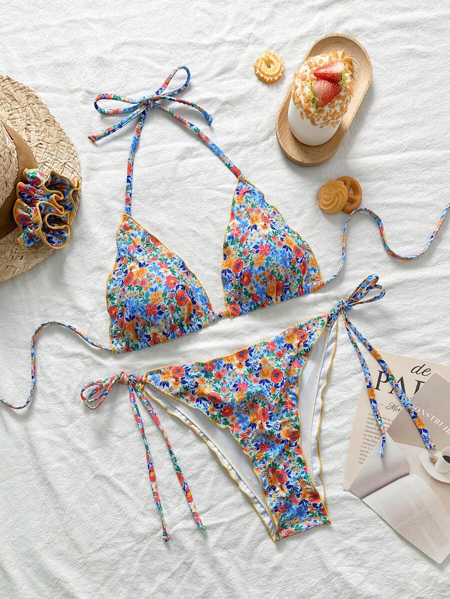SHEIN Swim 2pcs/Set Women Summer Beach Outfits - Ditsy Floral Frill Triangle Top And Bottoms With Drawstring Sides, Bikini Set With Headband - Multicolor - View 1