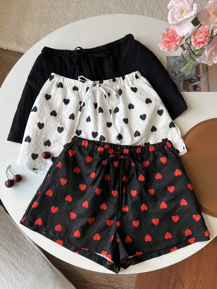 SHEIN Unity 3 Stücke Damen romantische Herz bedruckte bunte Lässig Shorts, Sommer - Verschiedenfarbig - Übersicht 1