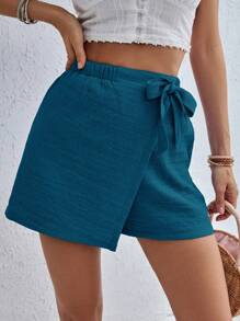 SHEIN Essnce 舒适蝴蝶结装饰夏季下装短裤，女士休闲短裤 - 水鴨藍 - 查看 3