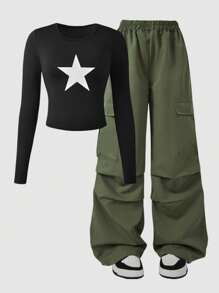 SHEIN Explorewe Set da 2 pezzi per ragazze adolescenti composto da Maglietta a maniche lunghe con stampa e pantaloni cargo, adatto per uso casual, pendolarismo, scuola, feste, autunno