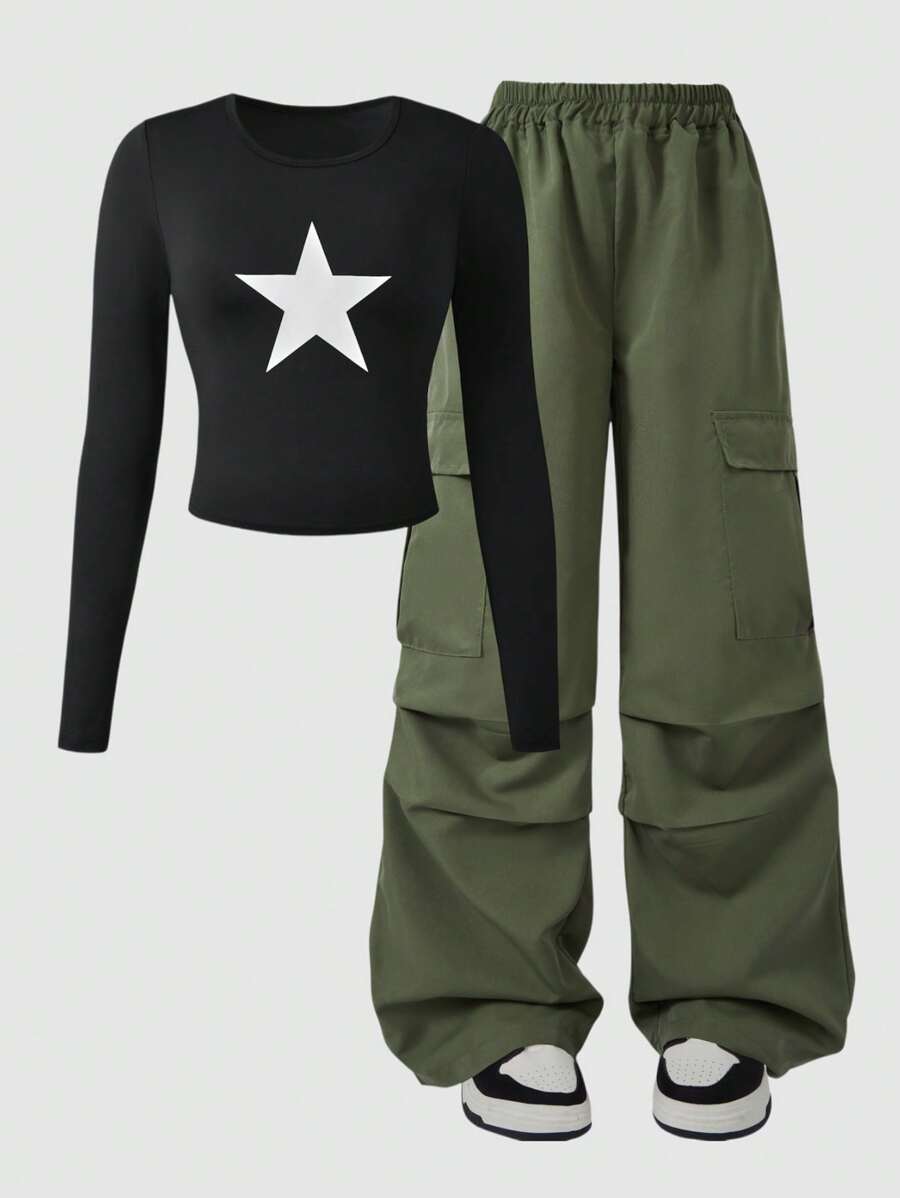 SHEIN Explorewe Set da 2 pezzi per ragazze adolescenti composto da Maglietta a maniche lunghe con stampa e pantaloni cargo, adatto per uso casual, pendolarismo, scuola, feste, autunno
