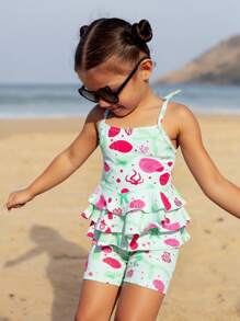 SHEIN Young Girl's Starfish Print Ruffled Hem Tankini Swimwear Set Girls Clothes For Beach - Multicolor - View 3