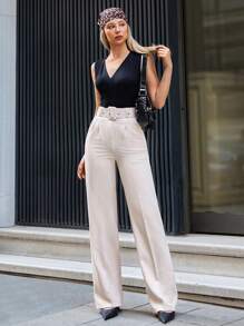 EURMUSE Fashionable Versatile Solid Color High Waist Straight Leg Suit Pants - Apricot - View 7