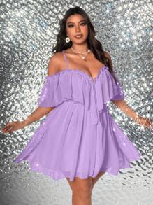 Viva Relle Plus Size Women's Solid Color Off-Shoulder Elegant Ruffled Hem Dress - Mauve Purple - View 7