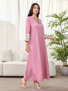 Al Najma Women's V-Neck Floral Patchwork Loose Arabic Dress, Modest - Pink - View 3