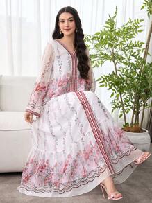 SHEIN Najma 优雅浪漫花卉图案雪纺拼接宽松女式连衣裙 - 彩色 - 查看 7