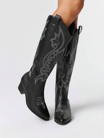 Fairycore Women's Hollow Design Butterfly Wing Embroidery Western Boots, New Leather Knee-High Boots For Spring Autumn