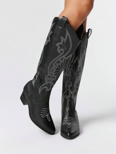 Fairycore Women's Hollow Design Butterfly Wing Embroidery Western Boots, New Leather Knee-High Boots For Spring Autumn