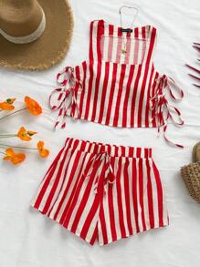 Soleia 女士度假风绿白条纹侧蝴蝶结吊带背心和宽松休闲短裤，夏季海滩婚礼西方音乐节波西米亚风两件套 - 紅白色 - 查看 8