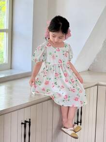 SHEIN Young Girls Woven Floral Puff Sleeve Fitted A-Line Hem Dress, Suitable For Girls Daily Wear, Vacation, Festival, Family Gathering And Special Occasions - White - View 6