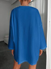 EURMUSE Vacation Casual Solid Color Drop Shoulder Loose Kimono Cover Up - Blue - View 2