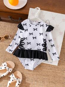 Baby Girl Cute Bow Print Ruffle Long Sleeves One-Piece Swimsuit - Black and White - View 4