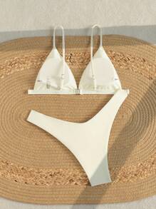 Swim Mod Bộ 2 chiếc/Bộ đồ bơi Tankini dây màu trơn & quần lót - Màu be - Xem 2