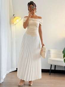 SHEIN Unity Delicate & Elegant Bowknot Off-Shoulder Pleated Maxi Dress - Apricot - View 3