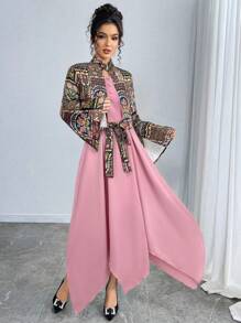 Yasmyna Women Floral Print Long Sleeve Jacket & Dress Arab Style Set, Modest - Pink - View 5