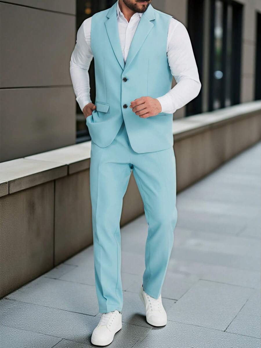 Manfinity Bizformal Men's Solid Color Vest & Pants Suit - Baby Blue - View 1