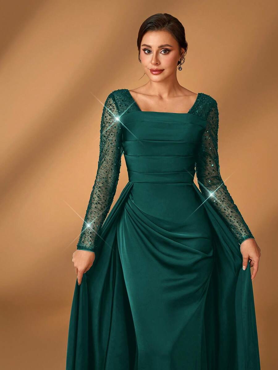 Serin Elegant Luxurious Transparent Long Sleeve Satin Splice Mermaid Beaded & Sequins Shawl, Suitable For Wedding, Party, Holiday, Banquet, Bride, Mother Dress - Dark Green - View 1