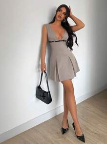 Firerie Women's Elegant Striped Ruched Mini Dress,Summer White Seductive Dinner Date,Commute Street Casual,Grey Graduation Dresses For Women,Back To School - Grey - View 8
