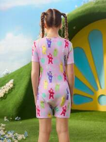 Teletubbies X SHEIN Tutina da pigiama corta con maniche corte, comoda e casual, con stampa a cartone animato, per ragazze adolescenti, colore viola