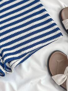 SHEIN Teen Girls Vacation Striped Knit Blue White Knitted Crinkled Fabric Tube Top Halter Neck Bow Jumpsuit, & Suitable For Party, Valentine's Day, Wear As Innerwear Or Outerwear - Blue and White - View 6