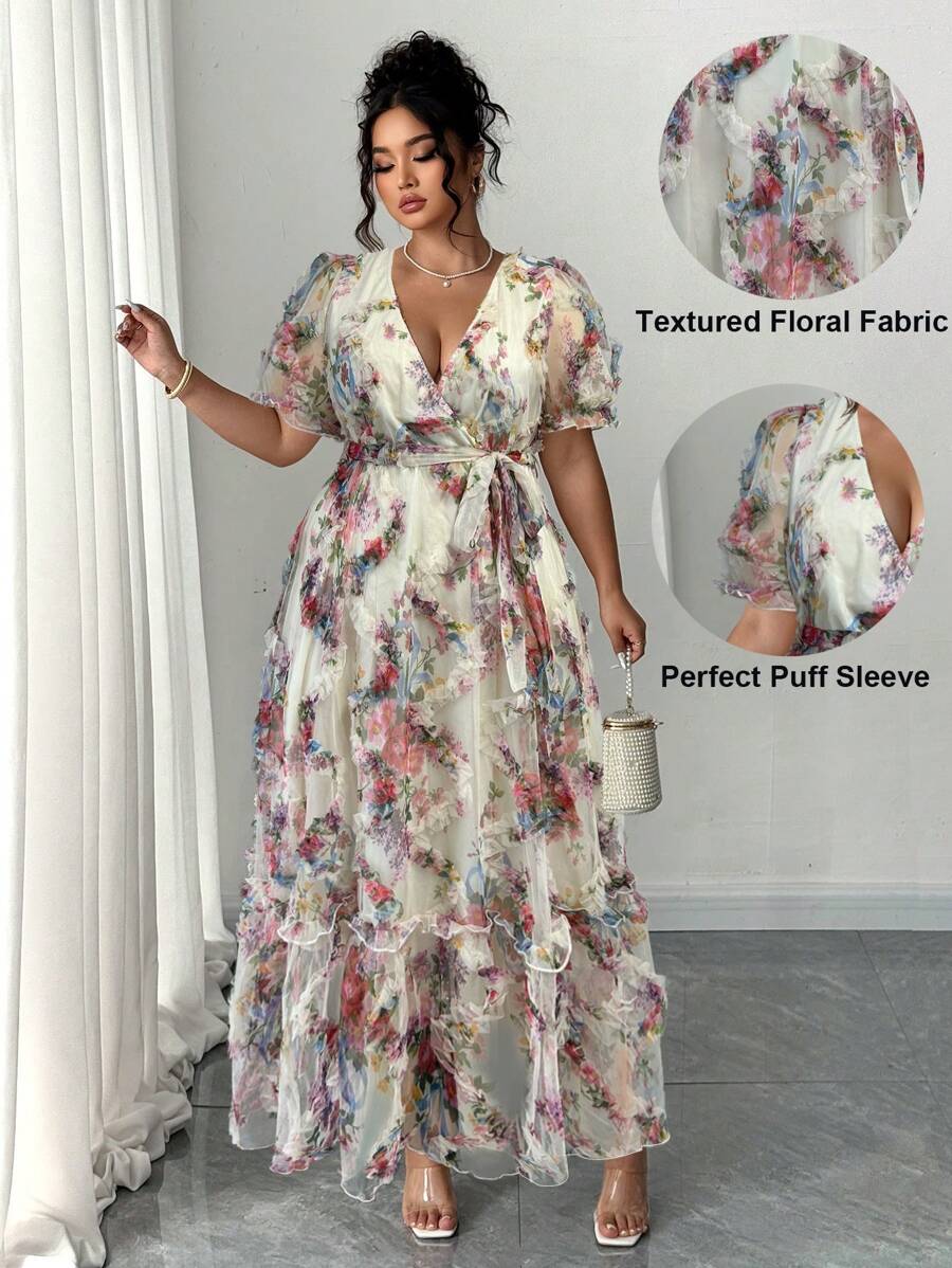 Auvina Women's Spring & Summer V-Neck Jacquard Puff Sleeve Tie-Waist Elegant Dress - Multicolor - View 1