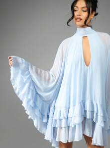 MISSGUIDED 雪纺披肩迷你连衣裙，荷叶边层叠袖，高领露背设计，优雅春夏婚礼宾客礼服 - 淺藍色 - 查看 4