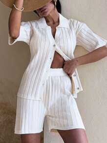 EURMUSE Casual Multicolor Stripe Rib Knit Button Down Short Sleeve Cardigan & Mini Stripe Multicolor Knitted Shorts 2 Piece Knit Set - Apricot - View 1