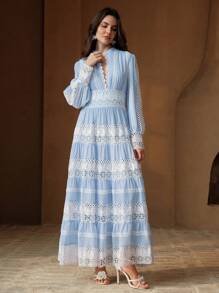 Anewsta Váy Maxi Ren Chắp Vá Thanh Lịch Cho Nữ, Phong Cách Cổ Điển Của Pháp, Thích Hợp Cho Mùa Xuân, Lễ Hội, Ngày Lễ - Màu xanh nhạt - Xem 4